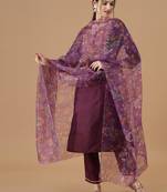 Purple embroidered silk blend Kurta Pant With Dupatta