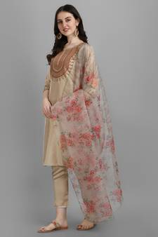 Beige embroidered silk blend Kurta Pant With Dupatta