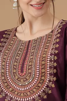 Purple embroidered silk blend Kurta Pant With Dupatta