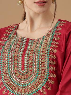 Red embroidered silk blend Kurta Pant With Dupatta 2