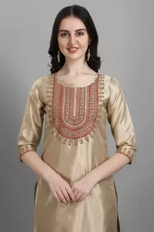 Beige embroidered silk blend Kurta Pant With Dupatta