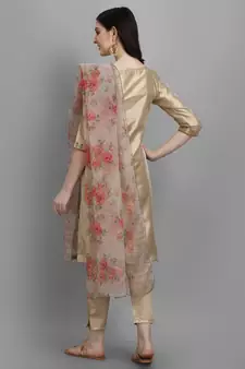 Beige embroidered silk blend Kurta Pant With Dupatta
