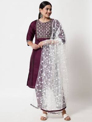 Purple embroidered silk blend Kurta Pant With Dupatta 1