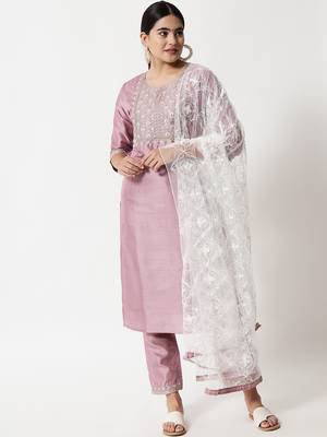 Lavender embroidered silk blend Kurta Pant With Dupatta 1