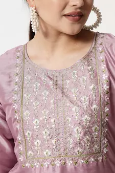 Lavender embroidered silk blend Kurta Pant With Dupatta