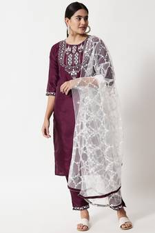 Purple embroidered silk blend Kurta Pant With Dupatta