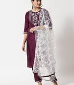 Purple embroidered silk blend Kurta Pant With Dupatta