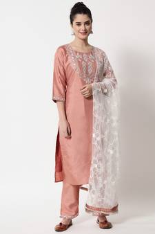 Peach embroidered silk blend Kurta Pant With Dupatta