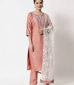 Peach embroidered silk blend Kurta Pant With Dupatta
