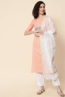 Peach embroidered cotton Kurta Pant With Dupatta