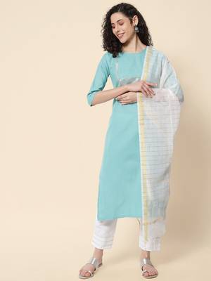 Aqua-blue embroidered cotton Kurta Pant With Dupatta 1