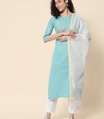 Aqua-blue embroidered cotton Kurta Pant With Dupatta