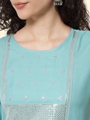 Aqua-blue embroidered cotton Kurta Pant With Dupatta 2