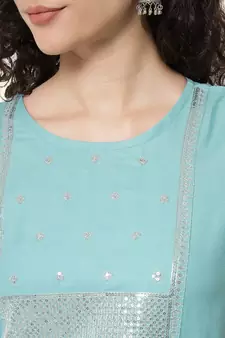 Aqua-blue embroidered cotton Kurta Pant With Dupatta