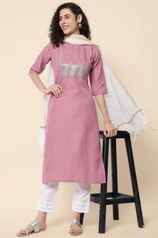 Lavender embroidered cotton Kurta Pant With Dupatta