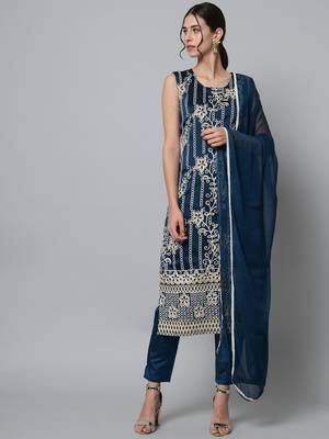 Teal embroidered cotton silk Kurta Pant With Dupatta 1
