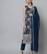 Teal embroidered cotton silk Kurta Pant With Dupatta