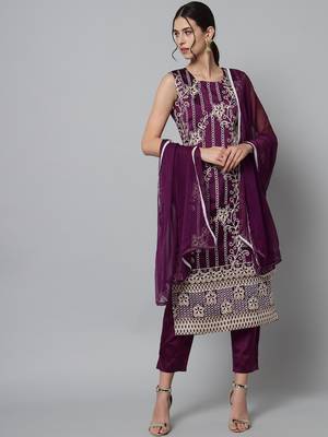 Purple embroidered cotton silk Kurta Pant With Dupatta 1