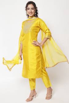 Yellow embroidered cotton silk Kurta Pant With Dupatta