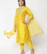 Yellow embroidered cotton silk Kurta Pant With Dupatta