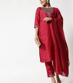 Red embroidered cotton silk Kurta Pant With Dupatta