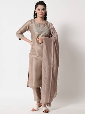 Beige embroidered cotton silk Kurta Pant With Dupatta 1