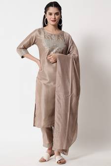 Beige embroidered cotton silk Kurta Pant With Dupatta