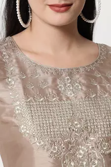 Beige embroidered cotton silk Kurta Pant With Dupatta