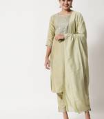 Parrot-green embroidered silk blend Kurta Pant With Dupatta
