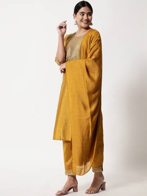 Mustard embroidered silk blend Kurta Pant With Dupatta 1