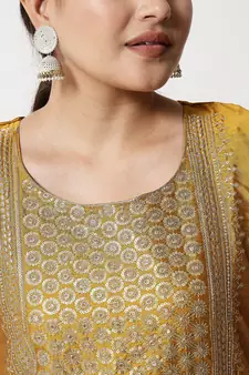 Mustard embroidered silk blend Kurta Pant With Dupatta