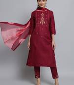 Purple embroidered cotton Kurta Pant With Dupatta