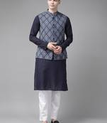 Men Blue & Beige Printed Pure Cotton Kurta Pyjama With Nehru jacket