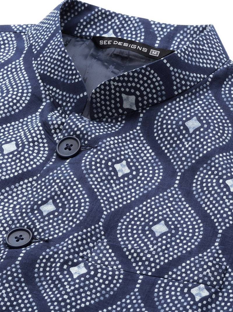Men Blue & Beige Printed Pure Cotton Kurta Pyjama With Nehru jacket