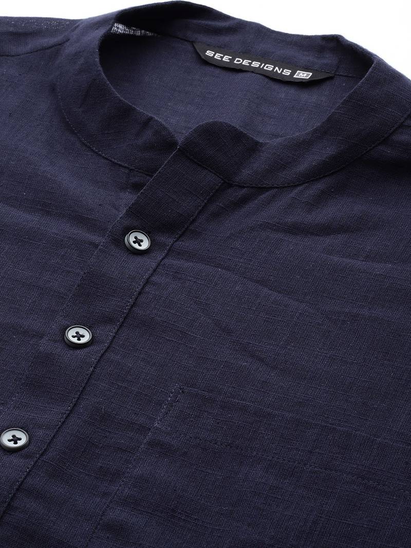 Men Blue & Beige Printed Pure Cotton Kurta Pyjama With Nehru jacket