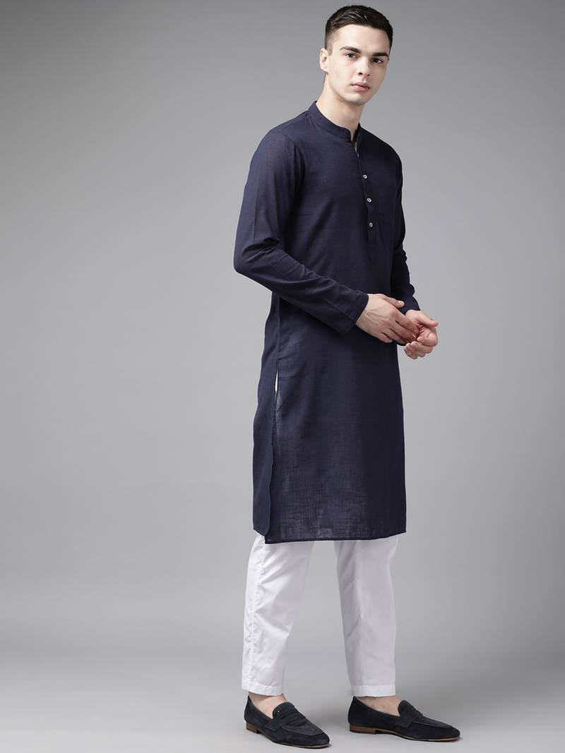 Men Blue & Beige Printed Pure Cotton Kurta Pyjama With Nehru jacket