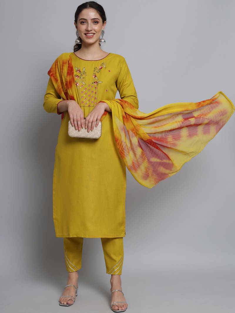 Mustard embroidered cotton Kurta Pant With Dupatta VredeVogel 4074414