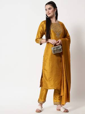 Mustard embroidered silk blend Kurta Pant With Dupatta 1