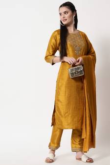 Mustard embroidered silk blend Kurta Pant With Dupatta