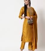 Mustard embroidered silk blend Kurta Pant With Dupatta