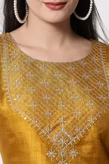 Mustard embroidered silk blend Kurta Pant With Dupatta