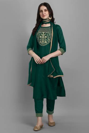 Green embroidered silk blend Kurta Pant With Dupatta