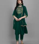 Green embroidered silk blend Kurta Pant With Dupatta