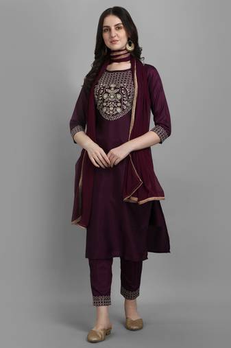 Purple embroidered silk blend salwar