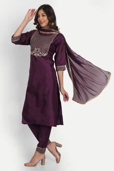 Purple embroidered chanderi Kurta Pant With Dupatta