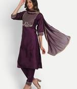 Purple embroidered chanderi Kurta Pant With Dupatta