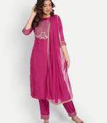 Pink embroidered chanderi Kurta Pant With Dupatta