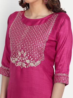 Pink embroidered chanderi Kurta Pant With Dupatta 2