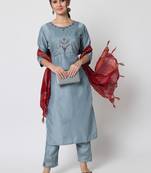 Aqua-blue embroidered silk blend Kurta Pant With Dupatta