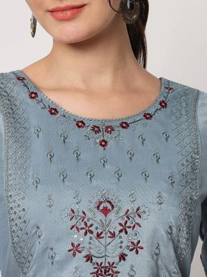 Aqua-blue embroidered silk blend Kurta Pant With Dupatta 2